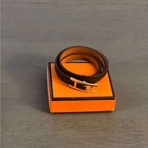 Authentic HERMES brown leather 3 wrap bracelet w/ gold tone H logo.